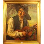 Early 20th century continental school - Portrait of a street musician, oil on canvas, indistinctly