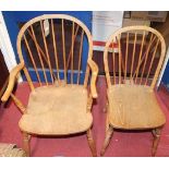 An early 20th century elm and beech stick back country elbow chair, width 56cm, together with a