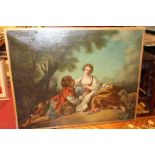 Early 19th century French school - Courtship scene, oil on canvas, unframed, 62 x 79cm
