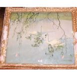 Vernon Ward (1905-1985) - Swans with cygnets, gilt framed print, 50 x 60cm