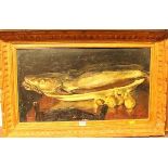 Circa 1900 French school - Fish supper, oil on panel, indistinctly signed lower right, 34 x