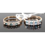 A modern 9ct gold, blue topaz and white stone set half eternity ring, 1.3g, size N; together with