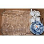 Two boxes containing a collection of glassware and ceramics to include a set of Chinese blue & white