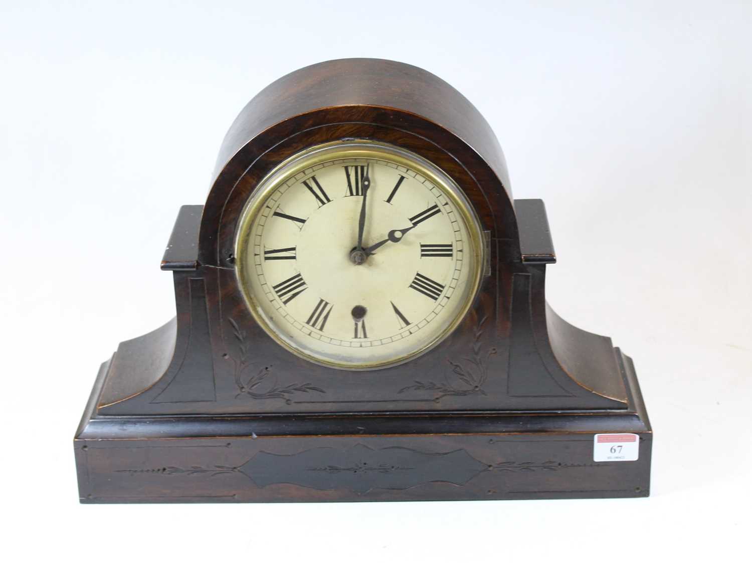 A late Victorian simulated walnut mantel clock, having an enamelled dial with Roman numerals and - Image 2 of 3