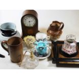 Four boxes containing a collection of various items to include an Edwardian mahogany mantel clock, a