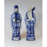 A pair of modern Chinese blue and white figures, each in the form of a sage, h.32cm