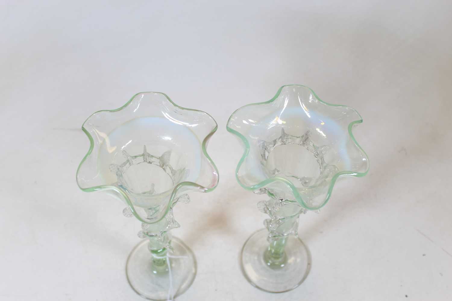 A pair of Victorian clear glass trumpet shaped spill vases, with applied spiralling decoration, h. - Image 2 of 4