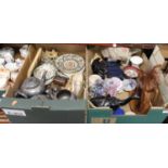Two boxes of miscellaneous items, to include carved ebony elephant figures, pewter teawares,