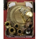 A box of miscellaneous brassware, to include trays, vases, bell etc