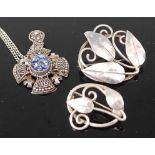 A sterling silver pendant on neck chain; together with two white metal Art Nouveau influenced