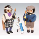 A pair of Abercrombie & Fitch anthropomorphic owl golfer stuffed toys, with golf bags and clubs,