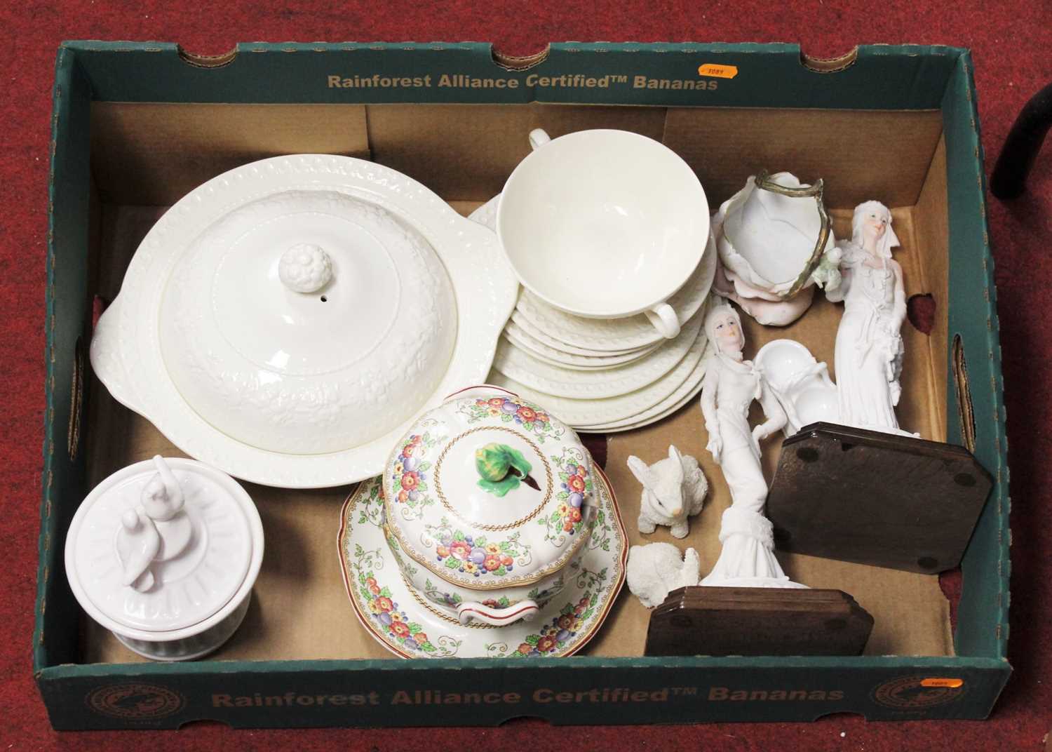 A box of miscellaneous items, to include modern Wedgwood cream dinner wares, Wedgwood tureen and