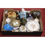 A box of miscellaneous items, to include collectors plates, novelty teapots, Mason's Oxborough