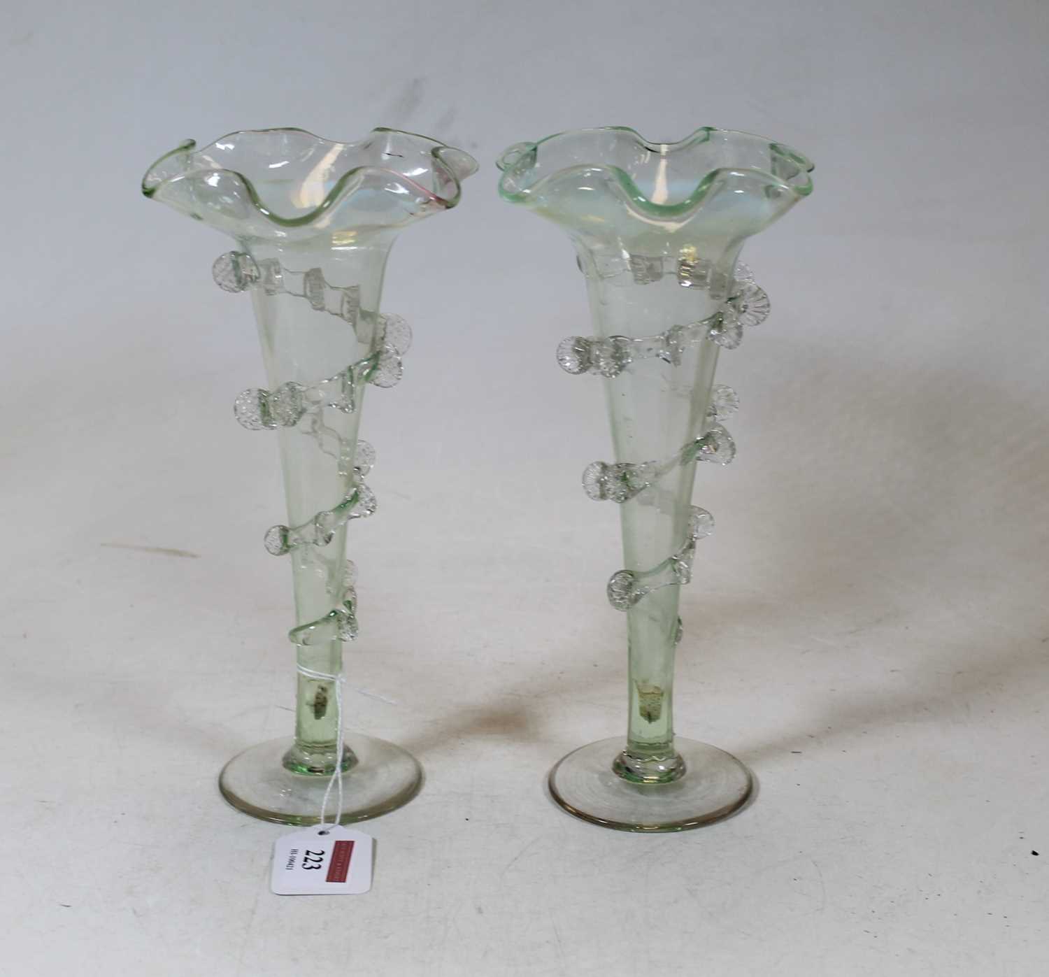 A pair of Victorian clear glass trumpet shaped spill vases, with applied spiralling decoration, h. - Image 4 of 4