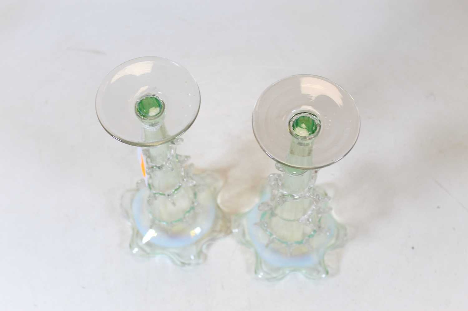 A pair of Victorian clear glass trumpet shaped spill vases, with applied spiralling decoration, h. - Image 3 of 4