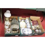 Three boxes of miscellaneous items, to include a silver plated biscuit barrel and cover, loose