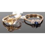 A 9ct gold, sapphire and diamond three stone ring, 1.3g, size O; together with a modern 9ct gold