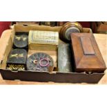 A box of miscellaneous items, to include a Victorian rosewood tea caddy, of sarcophagus form (