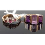 A modern 9ct gold baguette cut amethyst three-stone dress ring, 3.7g, size P; together with a yellow