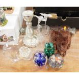 A small collection of miscellaneous glassware to include modern paperweights, rolling pin, vase etc