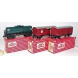 3 Hornby Dublo wagons, plastic wheels, 4685 Caustic Liquor Bogie Tank, plate bogies, all transfers