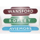 3 reproduction wooden totem signs, to include Ropley, Wansford and Aviemore
