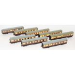 8 Hornby Dublo Brown and Cream coaches, 4x Super Detail, 4070 Restaurant Car, marked and one