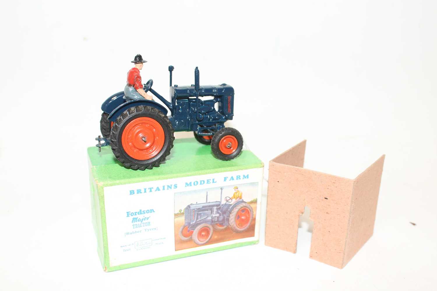 A Britains model farm No. 128F Fordson Major tractor comprising of dark blue body with orange hubs - Image 2 of 2