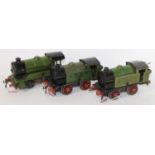 Three Hornby 0-4-0 clockwork LNER green locos: 1948-54 No. 501 1842 missing tender, some dullness (