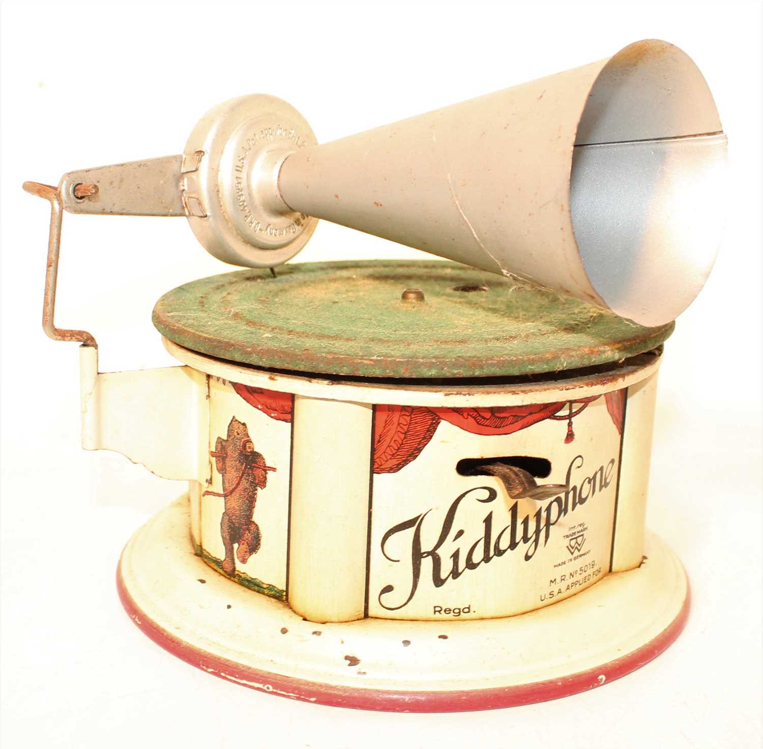 A Bing Model No.5019 tinplate model of a Kiddyphone gramophone finished in cream and red with