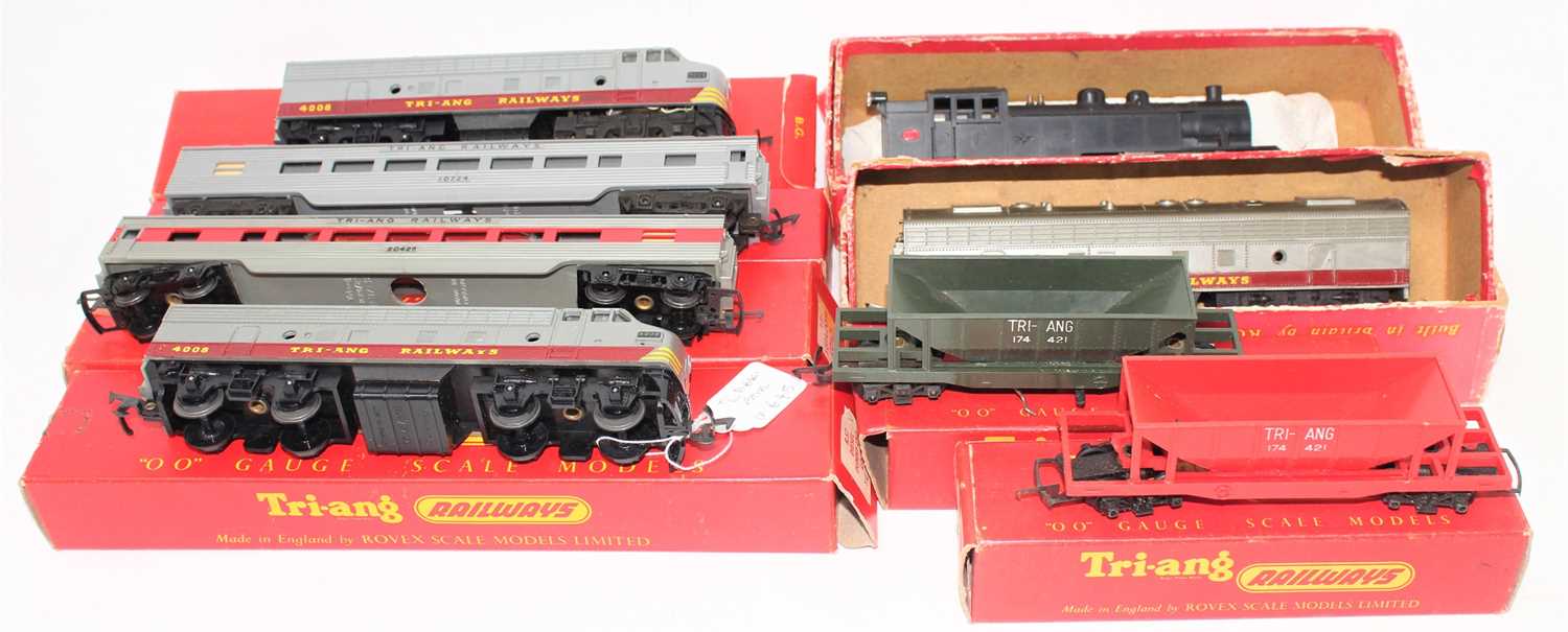 Eight Triang TC items: R56 4-6-4 tank loco black No.4830 (E-BVG); R55 diesel electric loco, silver