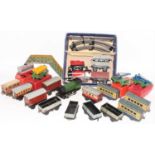 Hornby train set M1 0-4-0 red loco and tender with goods wagons and track, box missing some fitments