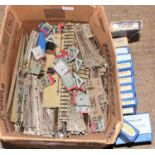 Large box containing wide variety pieces of Hornby Dublo 3-Rail Track, including manual points and