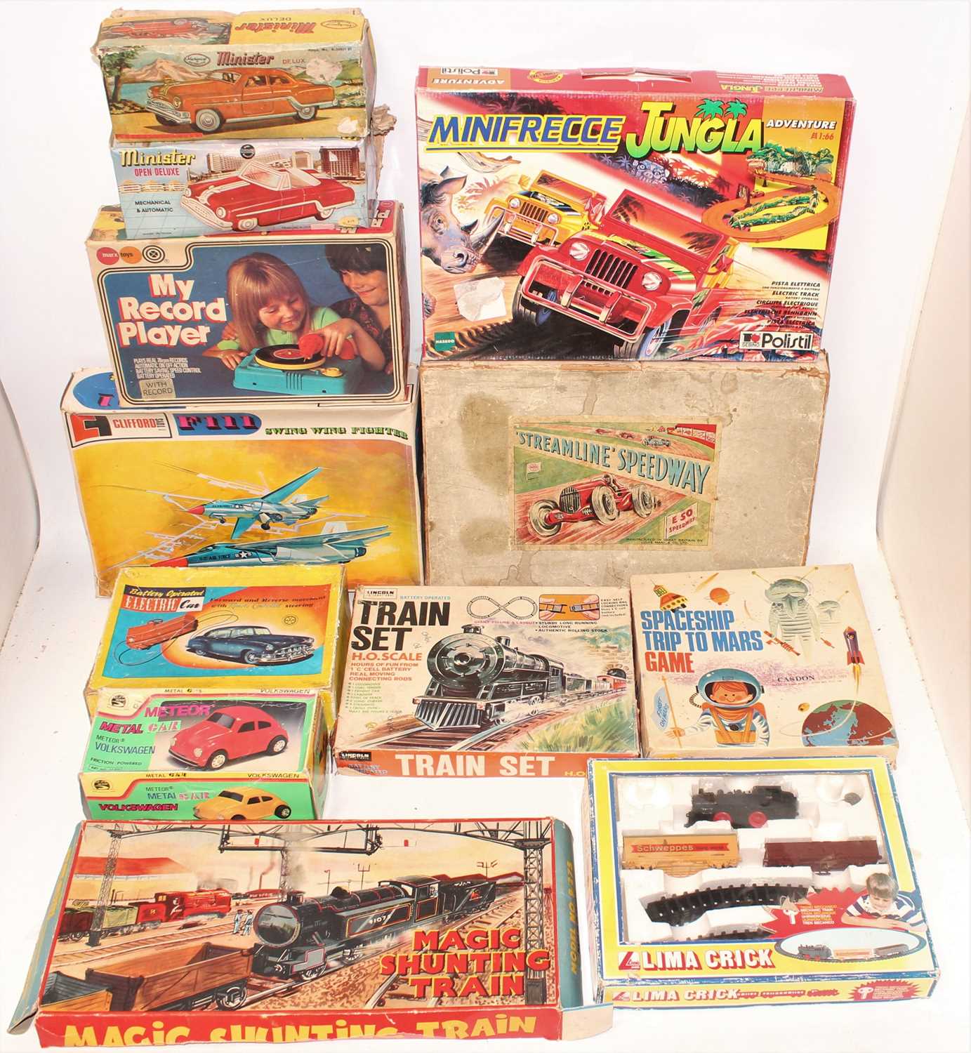 Two boxes containing a large quantity of various tinplate and plastic vehicles, children's toys,