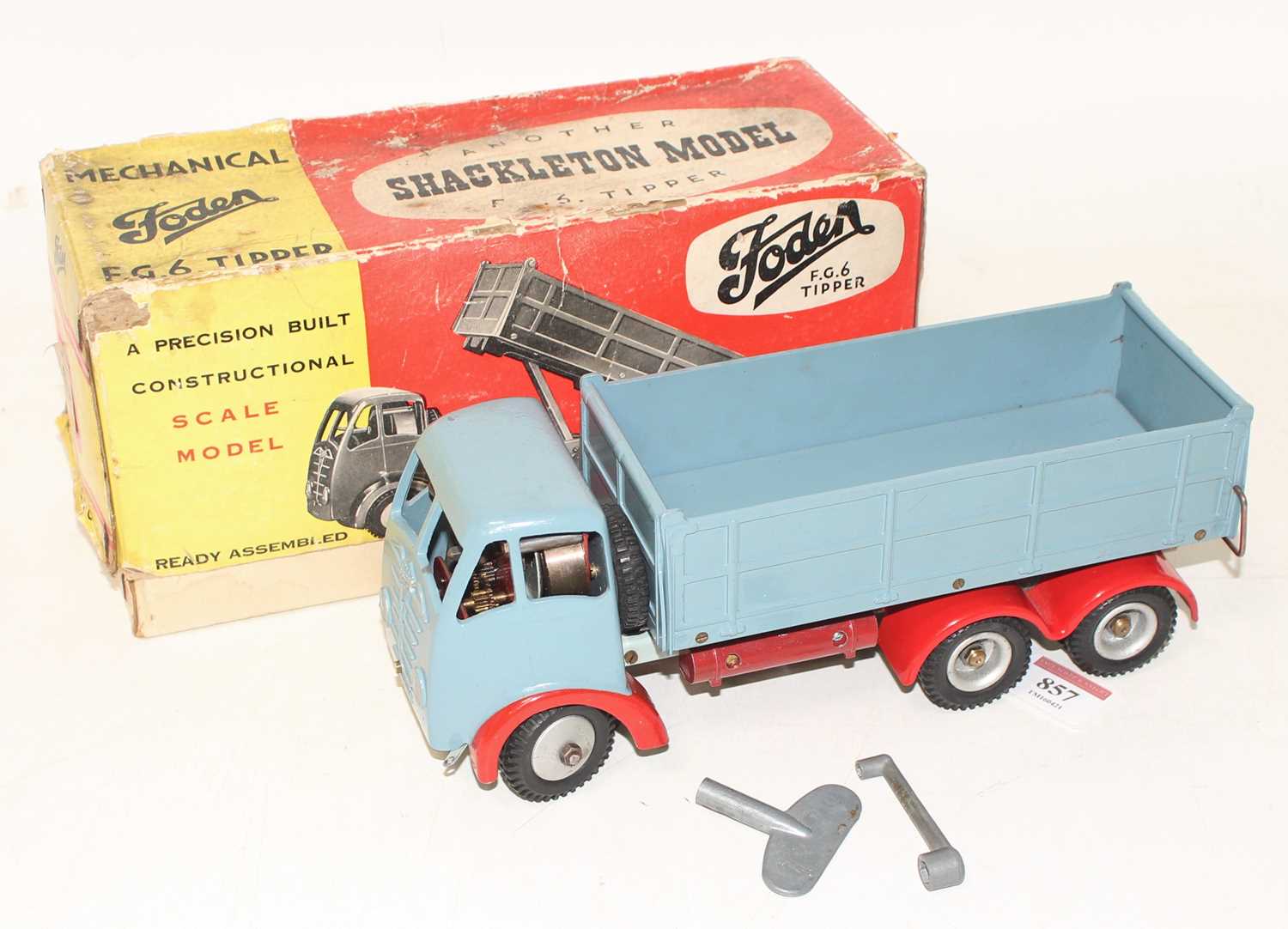 A Shackleton Models FG6 tipper comprising of blue to grey and scarlet red body, fitted with