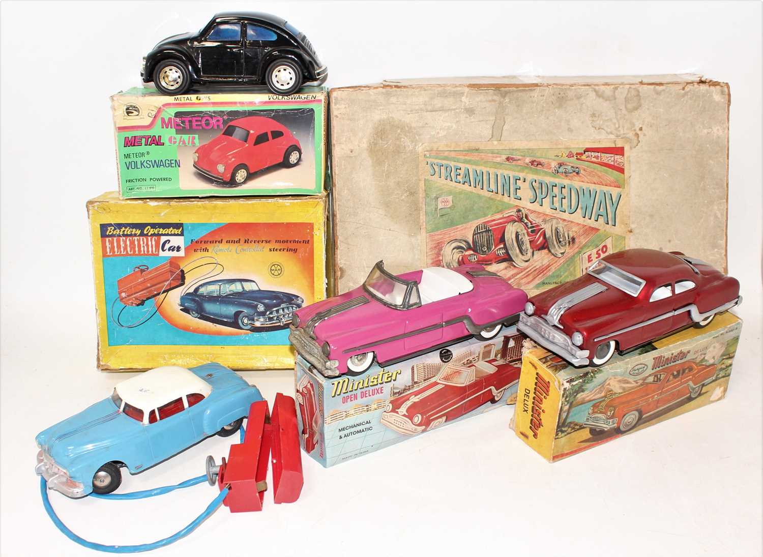 Two boxes containing a large quantity of various tinplate and plastic vehicles, children's toys, - Image 2 of 9