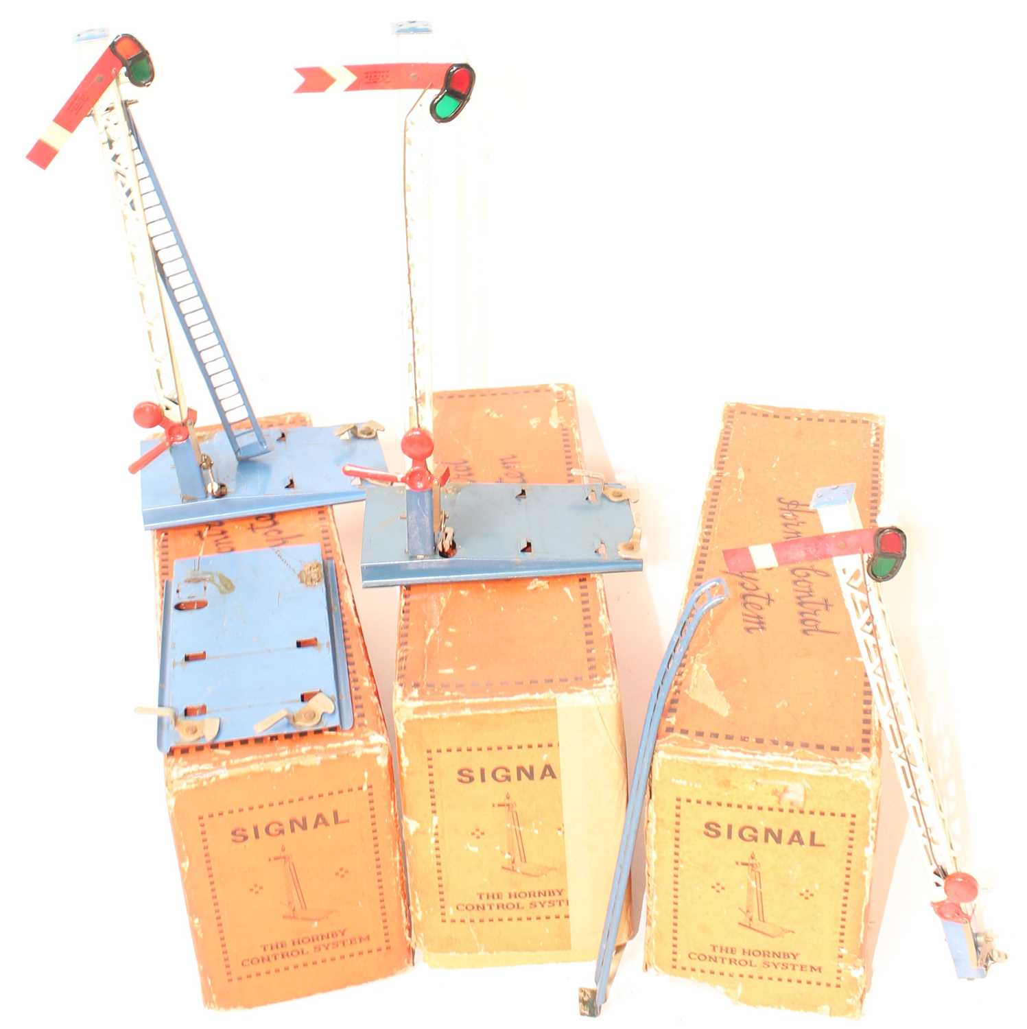 3 Hornby Single Arm control signals, 2x Home and 1x Red Distant, blue base, ladders and flat top,