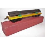 Hornby 1935/39 No.2 Lumber Wagon, plain yellow base, green bolsters, black bogies with original 5