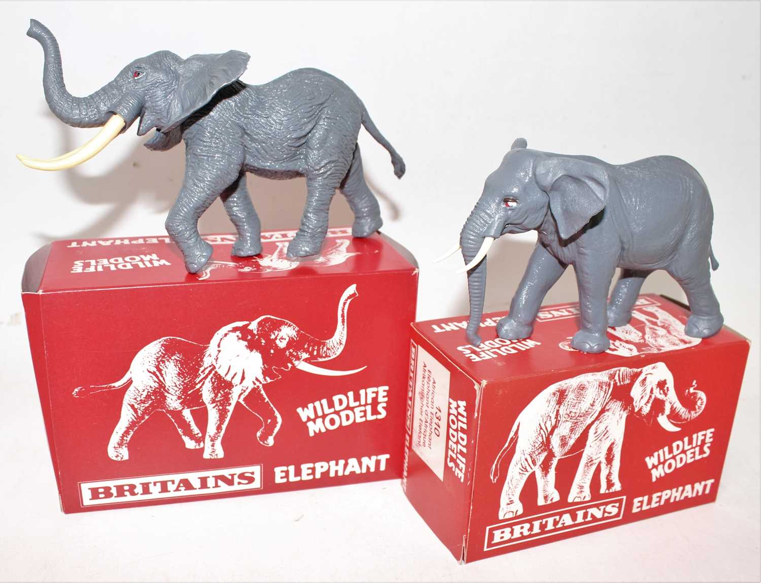 Britains plastic "Wildlife models"series boxed African elephants, two in total, 1310, 1309. (BM).