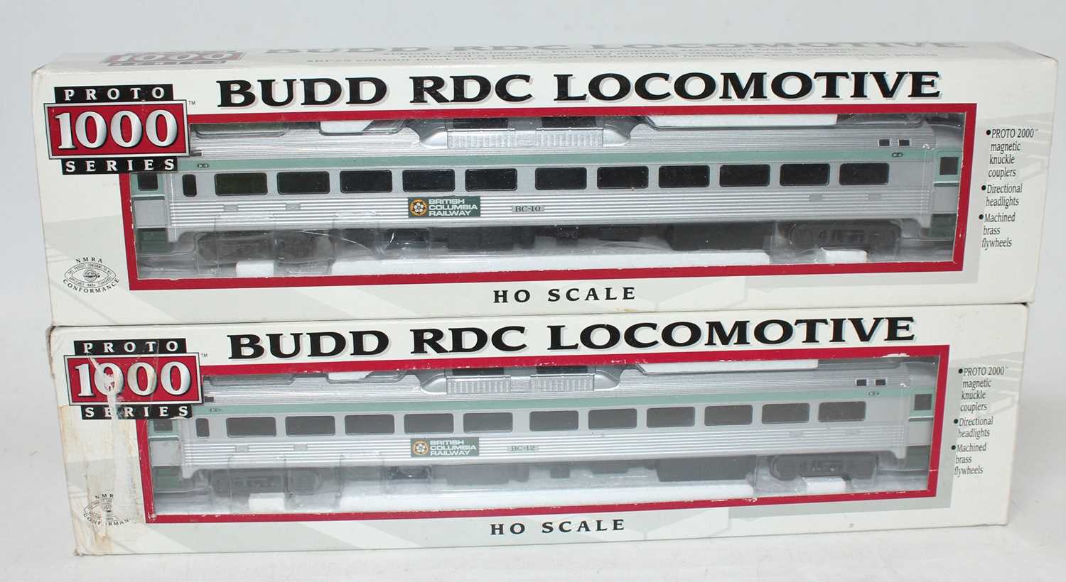 A Proto 1000 series Budd RDC locomotive group, two examples to include a BC-12 British Columbia