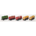 5 Hornby Dublo tank wagons, to include 2x Buff Esso, Power Ethyl with hand, Royal Daylight and