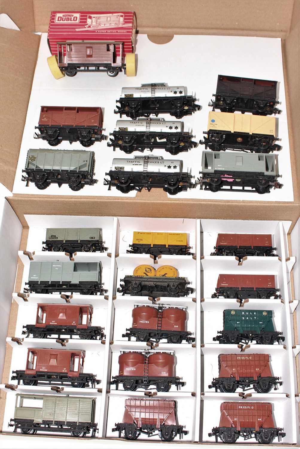 24 Hornby Dublo plastic goods wagons, including Traffic Services, Presflo, Prestwin, Goods Brakes,