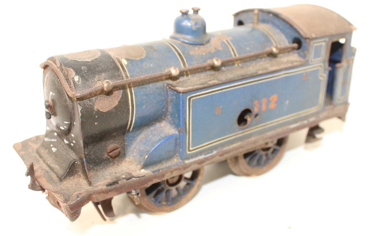 Bassett Lowke 1921-9 0-4-0 Clockwork tank locomotive, Caledonian Blue No.112, in serious need of