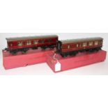 Two 1937-41 Hornby No.2 Corridor coaches, LMS 1st/3rd and Br/Comp, each has heavily marked silvering