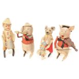 Four various early early 20th century Schuco tinplate and soft covered animals to include pig