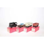 Four Hornby-Dublo goods wagons: 4644 21-ton hopper (E-BErepro); 4649 low sided with tractor (NM-BE);