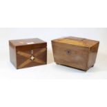 A Regency mahogany and boxwood strung tea caddy, of sarcophagus form, with brass escutcheon, the lid