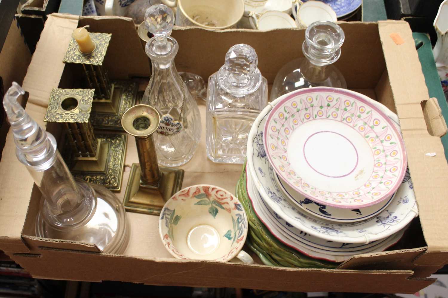 Four boxes of miscellaneous items, to include a pair of brass candlesticks, cut glass decanters - Image 2 of 5