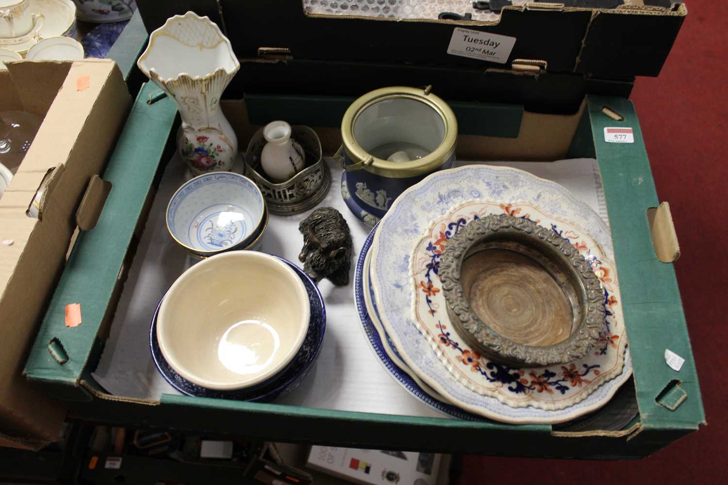 Four boxes of miscellaneous items, to include a pair of brass candlesticks, cut glass decanters - Image 5 of 5