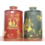 A near-pair of reproduction Toleware tea canisters, each with Chinoiserie style decoration, h.40cm